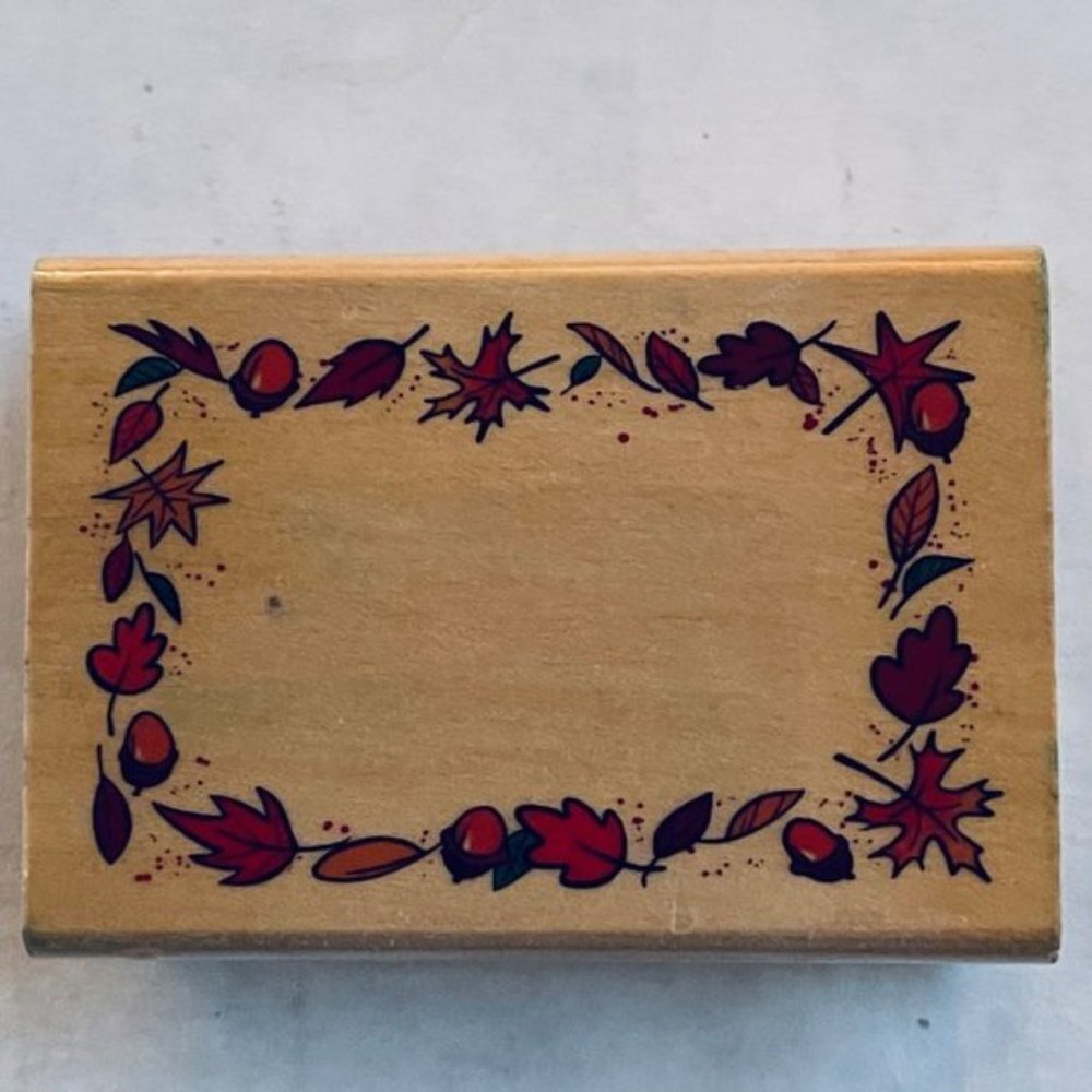 Fall Maple Leaf Acorn Border Wooden Rubber Stamp Message Center Notes Wood Mount
